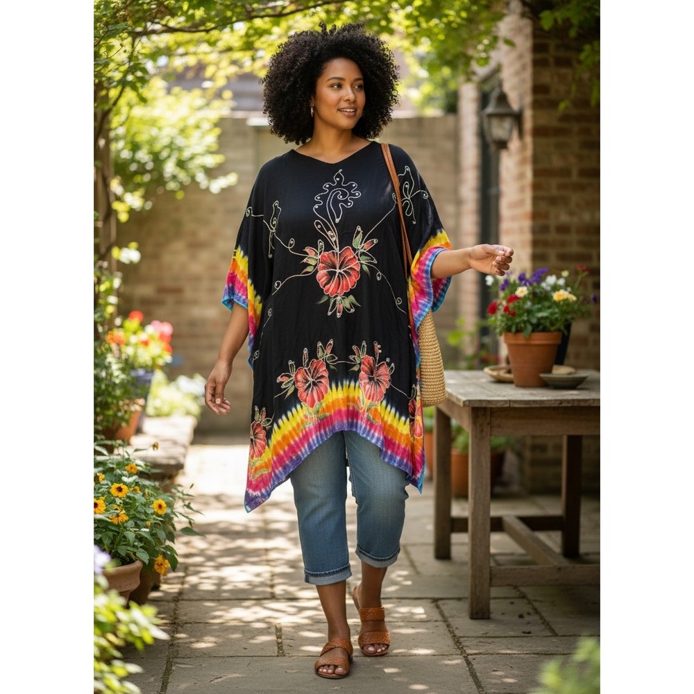Island Planet Beaded Embroidered Floral Tie Dye Sequin Black Kaftan Cover Up‎ OS - Picture 2 of 10